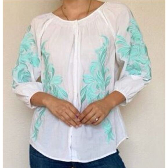 Sundance Sz S Embroidered Blouse Long Sleeve White Peasant Button Travel Aqua - Picture 1 of 9